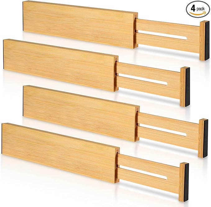 4 Pack Bamboo Drawer Dividers 2.6" High, Adjustable Length from 12 Inch to 17 Inch, Expandable Kitchen Drawer Organizer Separ
