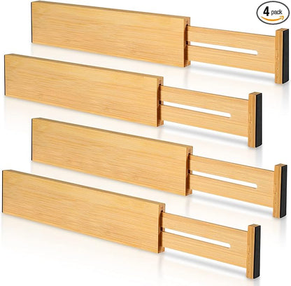 4 Pack Bamboo Drawer Dividers 2.6" High, Adjustable Length from 12 Inch to 17 Inch, Expandable Kitchen Drawer Organizer Separ