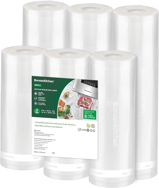 Bonsenkitchen Vacuum Sealer Rolls Bags, 6 Pack 3 Rolls 11" x 20' + 3 Rolls 8" x 20' Commercial Grade BPA Free Bag Rolls, Dura