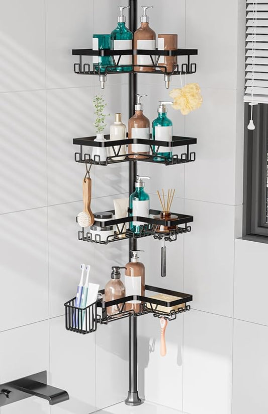KEGII Shower Caddy Corner Tension Pole with Toothbrush Holder - Adjustable Corner Shower Organizer with Tooth Brush Holder, N