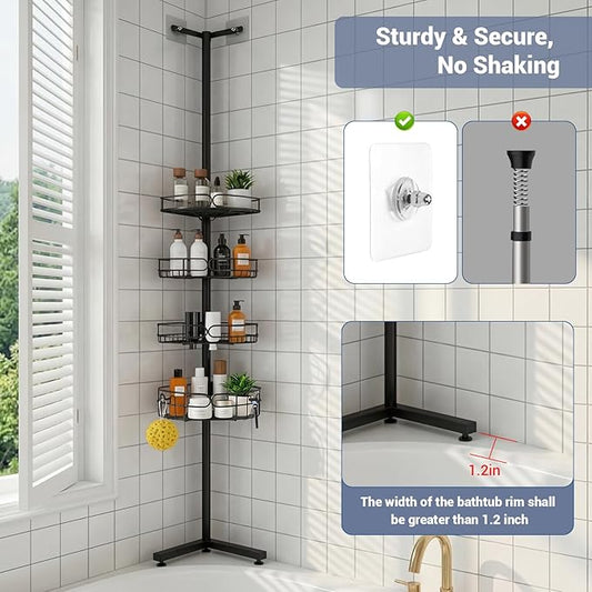 Standing Shower Caddy, 4-Tier Adjustable Height Bathroom Organizer, 6-Section Pole, Sturdy Floor Standing Shelf for Shower or