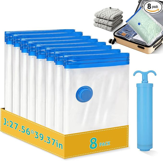 8 Pack Jumbo Travel Vacuum Storage Bags, Portable Vacuum Seal Bags for Clothing Travel with Pump, Space Saver Bag for Luggage