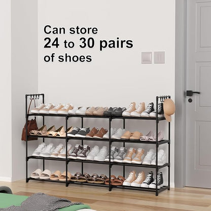 3 Row 4 Tier Long Shoe Rack, Black Metal Stackable Shoe Shelf with Multifunctional Hooks, Shoe Storage Hold 24-30 Pairs, Spac