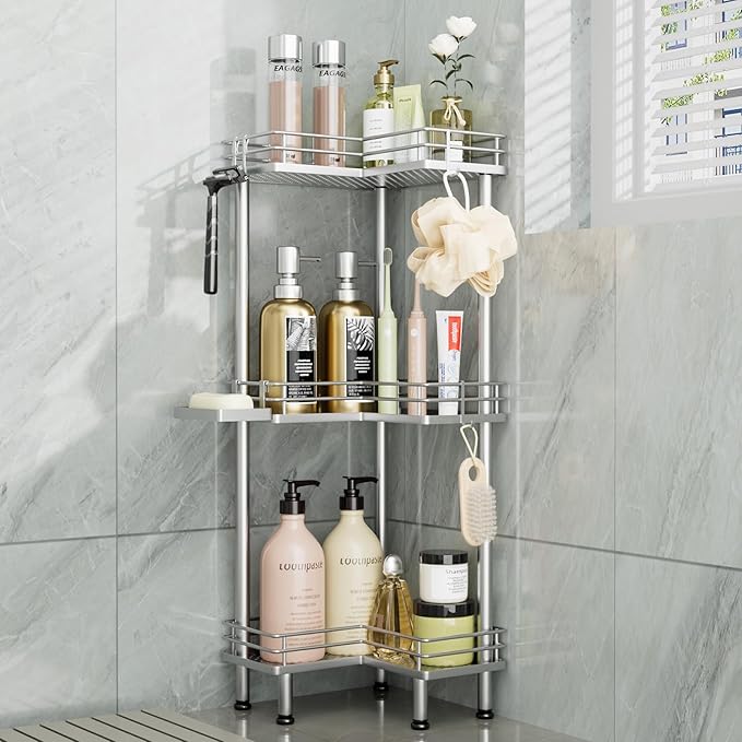 Consumest Corner Shower Caddy Standing - 3-Tier Stainless Steel Shower Organizer with Soap Holder and 4 Hooks, Large Capacity