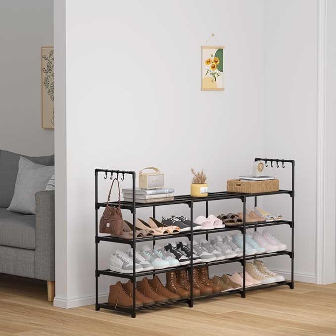 3 Row 4 Tier Long Shoe Rack, Black Metal Stackable Shoe Shelf with Multifunctional Hooks, Shoe Storage Hold 24-30 Pairs, Spac