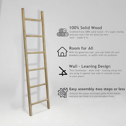 Wooden Blanket Ladder - 76in Natural & Motley Wood - Leaning Wall Decor for Bedroom, Bathroom, Living Room - Rustic Quilt Hol