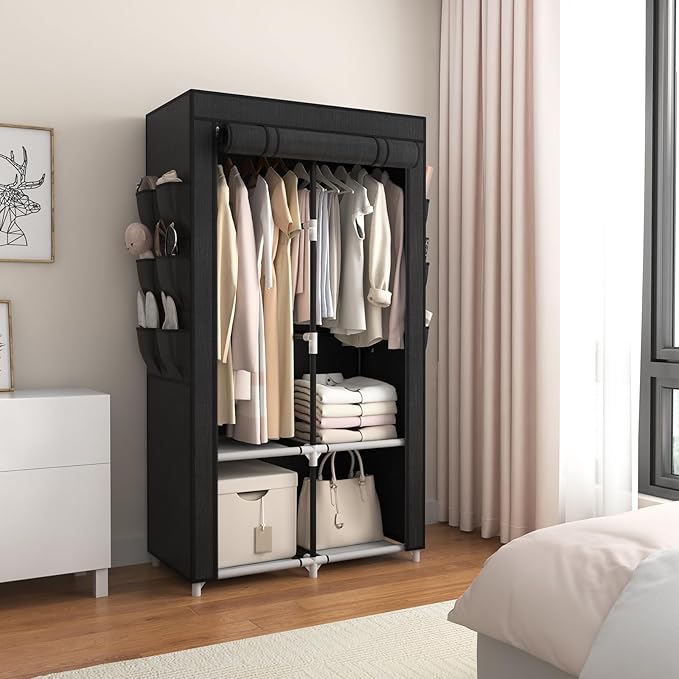VTRIN Portable Closet Wardrobe Closet for Hanging Clothes with 4 Storage Shelves, 2 Hanging Rods and 6 Pockets, Stable and Ea