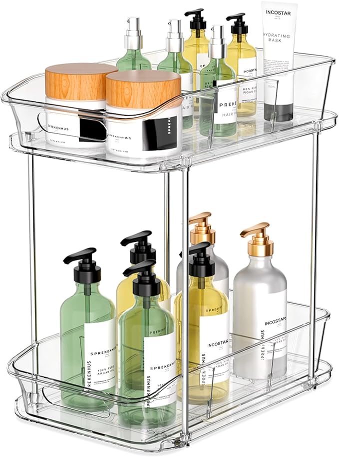incostar 2 Tier Pull-Out Organizer for Bathroom Kitchen, Under Sink Storage with Dividers, Ideal for Cabinet, Cupboard Organi