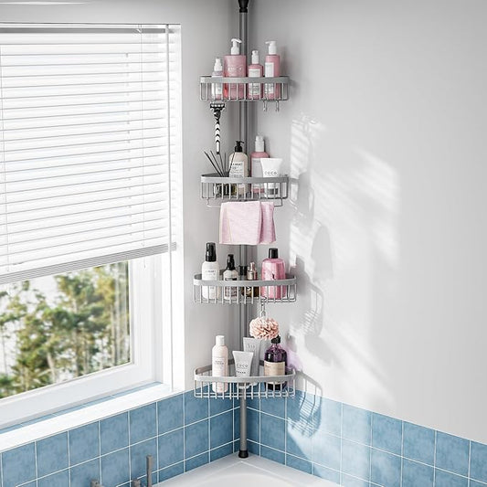 Corner Shower Caddy Tension Pole: Stainless Steel Rustproof 4-Tier Shower Organizer - 47-121 inch Adjustable Bathroom Shelves