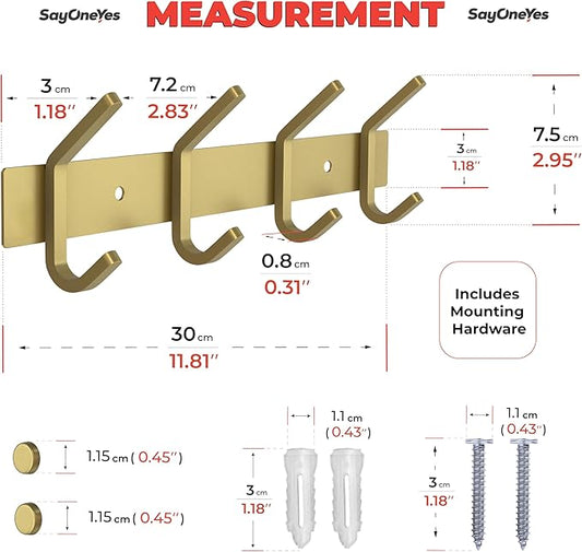 Brushed Gold Wall Mounted Coat Rack – 12 Inch Stainless Steel Rail with 4 Double Coat Hooks for Entryway, Bathroom, Bedroom, 