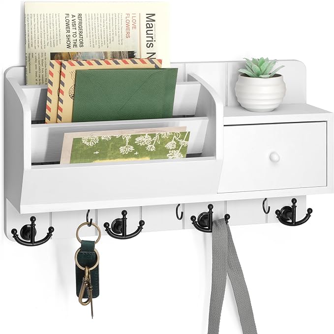 Rebee Vision Key Holder Wall Mount and Mail Organizer : Farmhouse Key and Mail Holder for Wall with Drawer and 7 Key Hooks - 