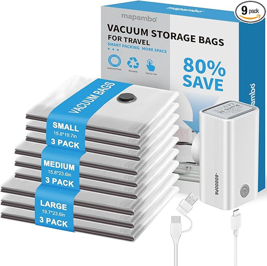 Mapambo Vacuum Storage Bags with -60000Pa USB Pump, 9 Pack Vacuum Seal Bags for Clothing Travel in 3 Sizes, Travel Vacuum Bag