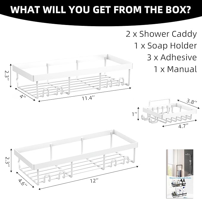 Moforoco 3-Pack Shower Caddy Basket Shelf with Soap Holder, No Drilling Traceless Adhesive Shower Wall Shelves, Rustproof Whi