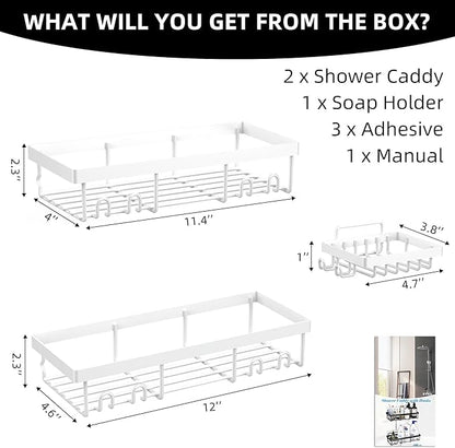 Moforoco 3-Pack Shower Caddy Basket Shelf with Soap Holder, No Drilling Traceless Adhesive Shower Wall Shelves, Rustproof Whi