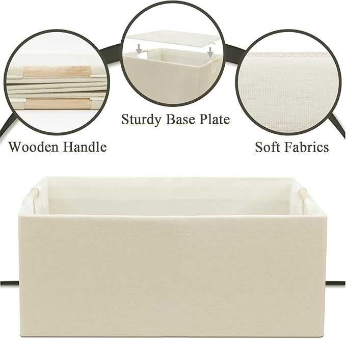 Foldable Fabric Storage Cubes, 2 Packs Cloth Storage Baskets with Wooden Handles, Collapsible Shelf Closet Organizer Bins, Re