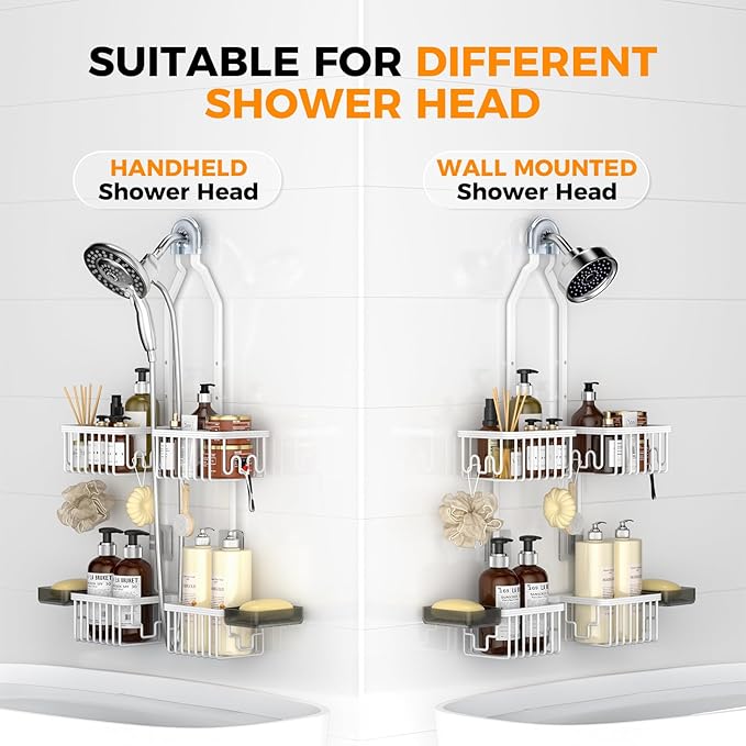 REINHARDT Aluminum Shower Caddy Hanging Adjustable Shower Caddy, Rustproof Hanging Shower Organizer with Hooks Soap Holders, 