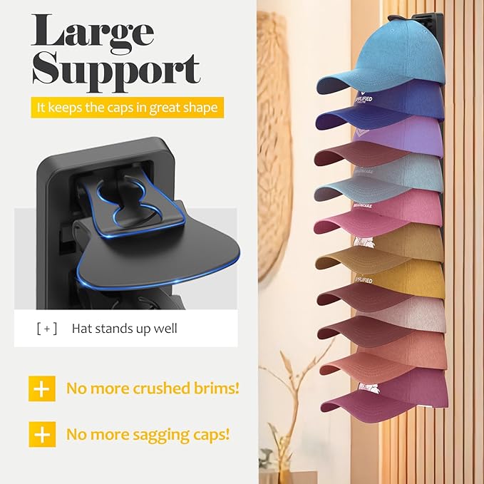 Hat Organizer for Baseball Caps 2 Pack, Adhesive Hat Rack for Wall, Baseball Cap Organizer (Black)