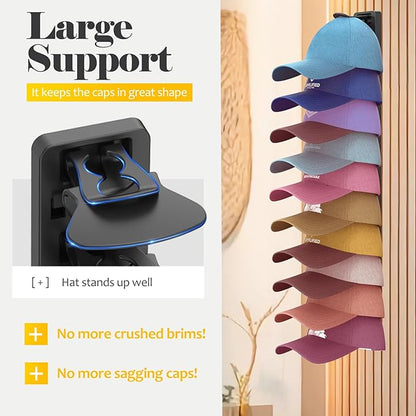 Hat Organizer for Baseball Caps 2 Pack, Adhesive Hat Rack for Wall, Baseball Cap Organizer (Black)