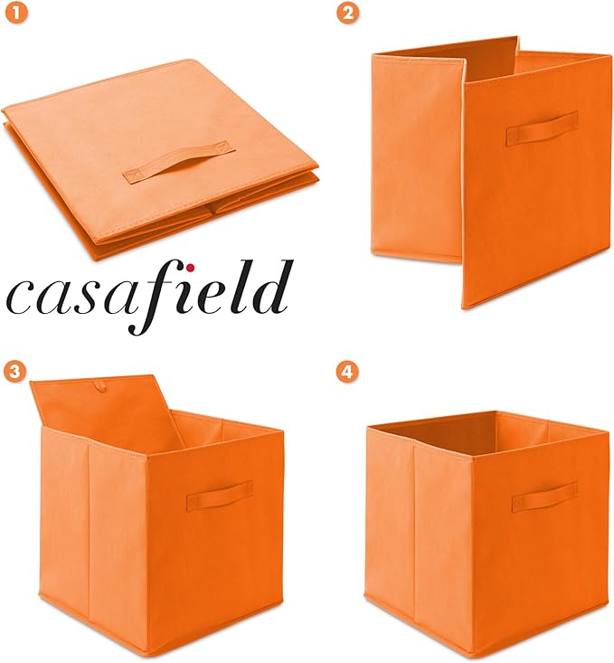 Casafield Set of 6 Collapsible Fabric Cube Storage Bins, Orange - 13" Foldable Cloth Baskets for Shelves, Cubby Organizers & 