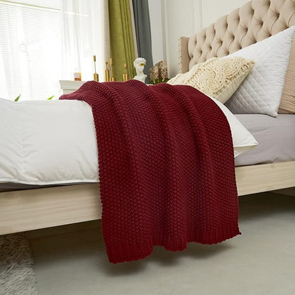 Chunky Cable Knit Throw Blanket Lightweight Wine red 100% Organic Cotton Blanket for Sofa Couch Bed Baby Nursery, Rustic Shab