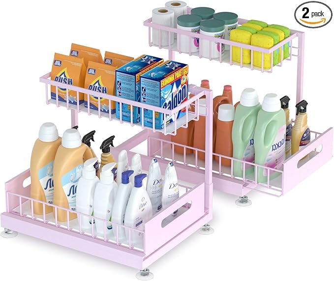 Saydear Under Sink Organizer Storage 2-Tier Premium Metal Pull-Out Kitchen Cabinet Organizer with Sliding Drawer, Height Adju