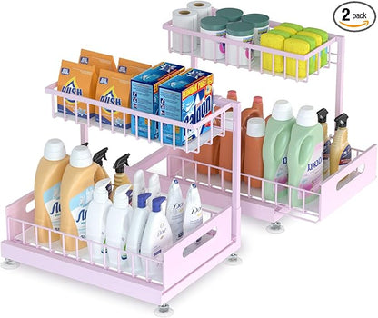 Saydear Under Sink Organizer Storage 2-Tier Premium Metal Pull-Out Kitchen Cabinet Organizer with Sliding Drawer, Height Adju