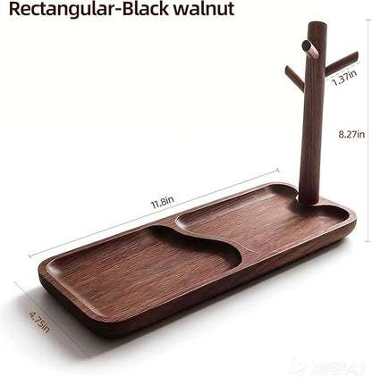Solid Black Walnut Wooden Key Tray, Multi-Functional Key Bowl for Entryway Table, Key Holder Stand equipped with 3 Hooks, Woo