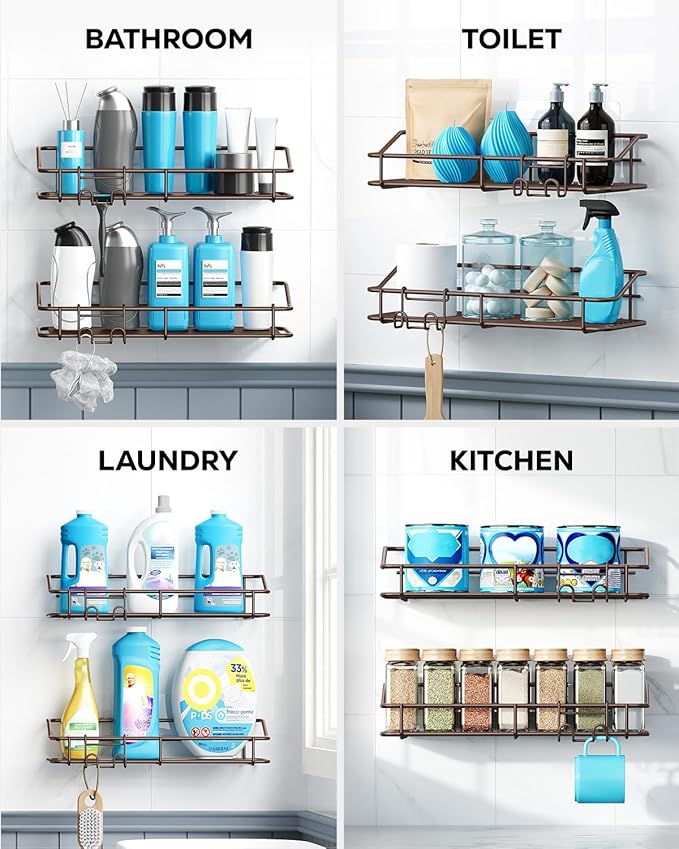 Nieifi Shower Caddy Shelf Storage Rack Adhesive Without Drilling Stainless Steel with Hooks for Washroom, Lavatory, Restroom,