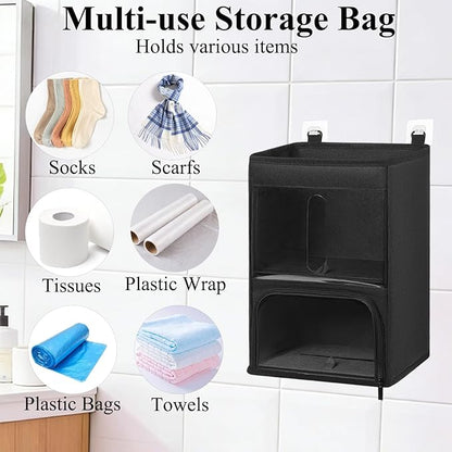 2-in-1 Plastic Bag Holder with Clear Window, Large Grocery Bag Holder and Trash Bag Dispenser with Easy-Access Openings, Plastic Bag Organizer for Kitchen RV Cabinet Wall Mounted (Black）