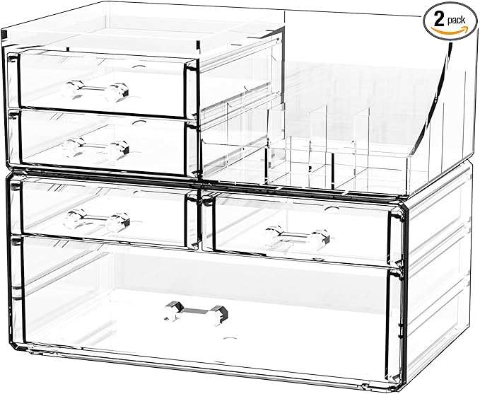 Cq acrylic Clear Make up Organizers for Vanity,Skincare Organizer With 5 Drawers for Dresser,Plastic Cute Desk Accessories Or