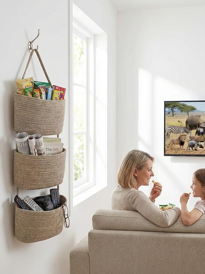 Over the Door Hanging Basket for Organizing 3 Tiers Woven Cotton Rope Wall Mount Storage basket Decorative Kitchen Hanging Or