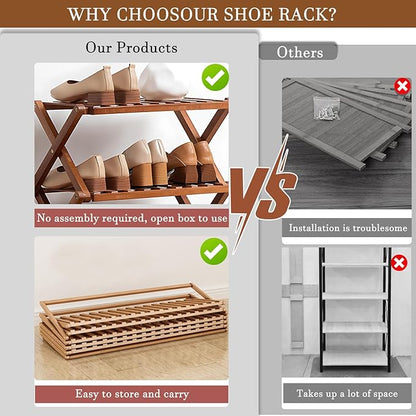 Jessie Bamboo Shoe Rack,Free Standing Shoe Rack for Closet,Portable Folding Shoe Storage Rack, Space Saving,Shoe Shelf for Be