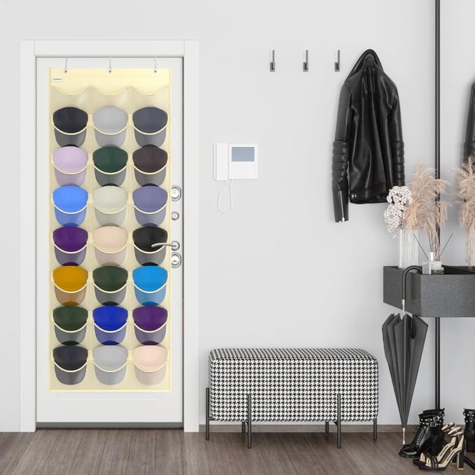 Unjumbly Baseball Hat Rack, 24 Pocket Over-The-Door Hat Organizer with Clear Deep Pockets to Display Baseball Caps Collection