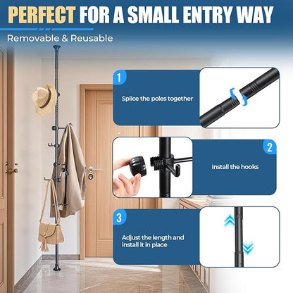 Coat Rack Freestanding with 12 Hooks - Multi-Purpose Organizer for Entryway, Bathroom, Corner & Plant Storage, No Drilling, H