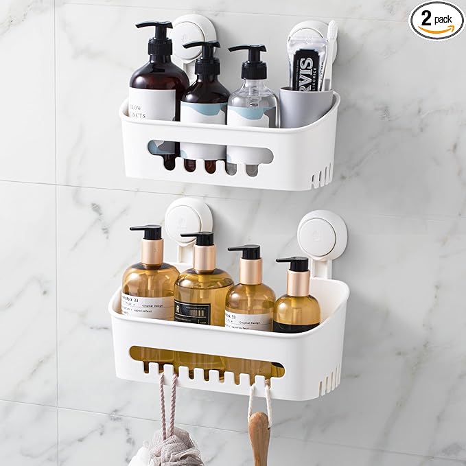 LEVERLOC Shower Caddy Suction Cup, Shower Organizer Removable Bathroom Shelf, Storage Suction Powerful Max Hold 22lbs Bathroo