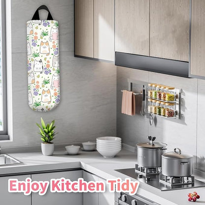 Plastic Bag Holder, Wall Mount Plastic Bag Organizer Dispenser, Reusable Grocery Bag Holder, Trash Bag Organizer for Home Kitchen Cute Cats