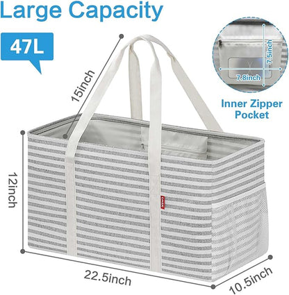 LHZ.K Standing Extra Large Utility Tote Bag 2 Pack, Foldable Reusable Grocery Bags with Metal Wire Frame & Hard Bottom Board
