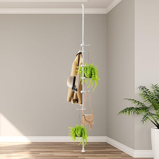 Corner Coat Rack - 12 Hook Tension Rod Plant Stand Stainless Steel Organizer for Coats, Towels, Plants & More, No Drilling, H