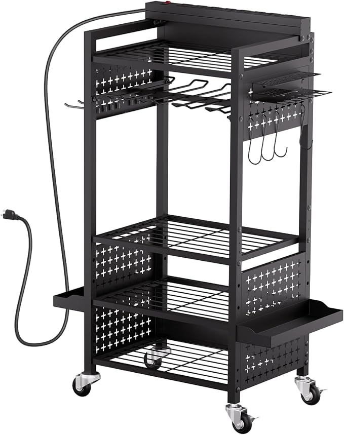 VEVOR 5-Tier Tool Organizer Cart with Charging Station, 8 AC Outlet, Floor Stand Rolling Drill Holder and Tool Battery Storag