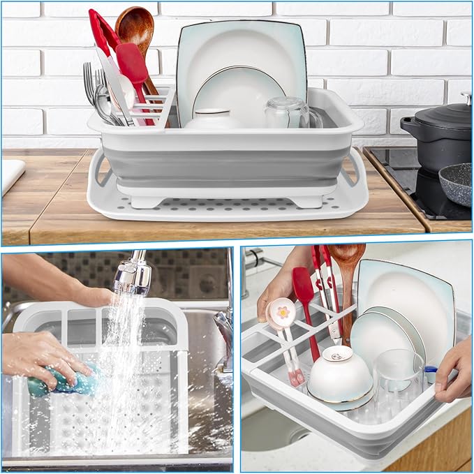 Collapsible Dish Drying Rack Portable Dish Drainers for Kitchen Counter with Drainboard, Kitchen Sink Organizer Basket RV Acc