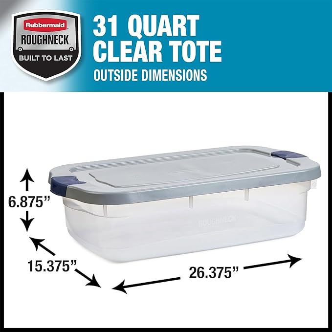 Rubbermaid Roughneck Clear 31 Qt/ 7.75 Gal Storage Containers, Pack of 6 with Snap-Fit Grey Lids, Visible Base, Sturdy and St