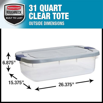 Rubbermaid Roughneck Clear 31 Qt/ 7.75 Gal Storage Containers, Pack of 6 with Snap-Fit Grey Lids, Visible Base, Sturdy and St
