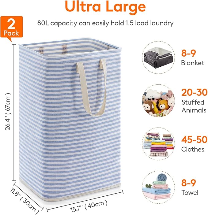 Lifewit 2 Pack Laundry Basket 80L Each, Collapsible Clothes Hamper with Reinforced Handles, Freestanding Waterproof Design fo