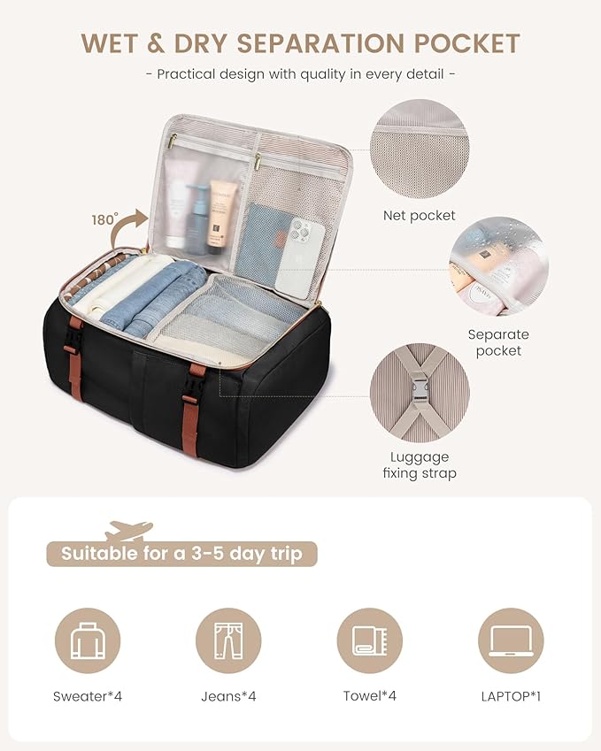 LOVEVOOK 40L Travel Backpack Carry on Flight Approved, Personal Item Bag with 3 Packing Cubes, Travel Backpack for Women Fits