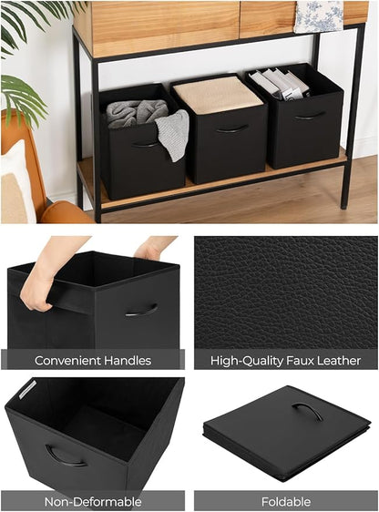 StorageWorks Black Storage Cubes, 11-inch Leather Bins with Handle, Cube Organizer Baskets for Shelves and Closet, Collapsibl