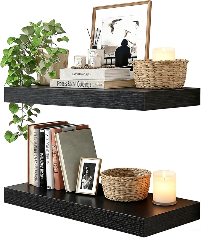 23.6 inch Black Floating Shelves Set of 2, Solid Wood Wall Mounted Shelves, Heavy Duty Display Storage Shelves for Bedroom, L