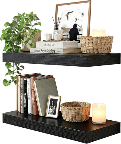 23.6 inch Black Floating Shelves Set of 2, Solid Wood Wall Mounted Shelves, Heavy Duty Display Storage Shelves for Bedroom, L