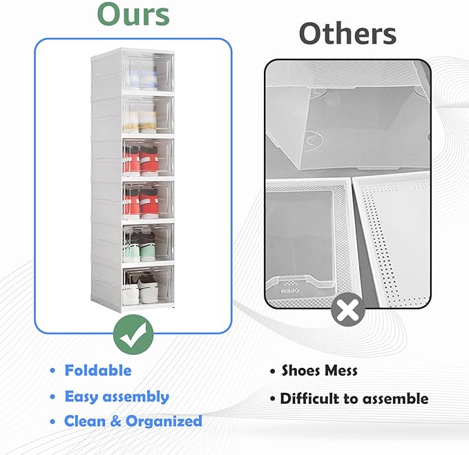 Shoe Storage Organizer Box 6-Tier Foldable Collapsible Stackable Shoe Rack Bins, Fit Size 12, No Assembly, for Men and Women