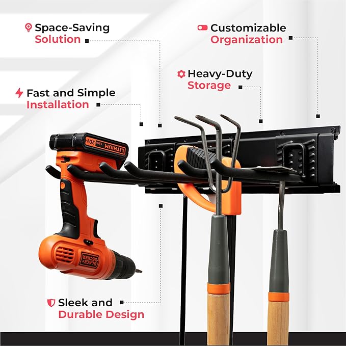 TIDYME Garage Tool Organizer Wall Mount - 96 inches - Sturdy Storage Rack with Adjustable Hooks, Anti-Rust - Easy Installatio