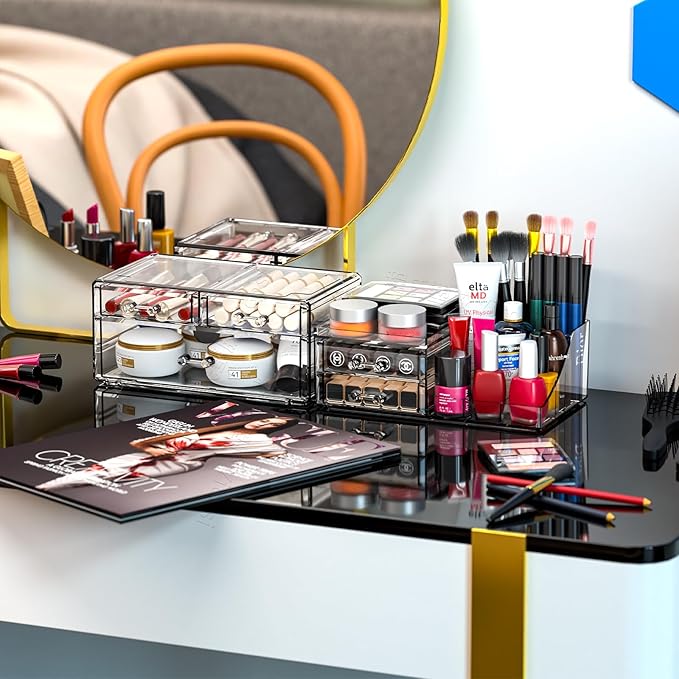 Cq acrylic Clear Make up Organizers for Vanity,Skincare Organizer With 5 Drawers for Dresser,Plastic Cute Desk Accessories Or